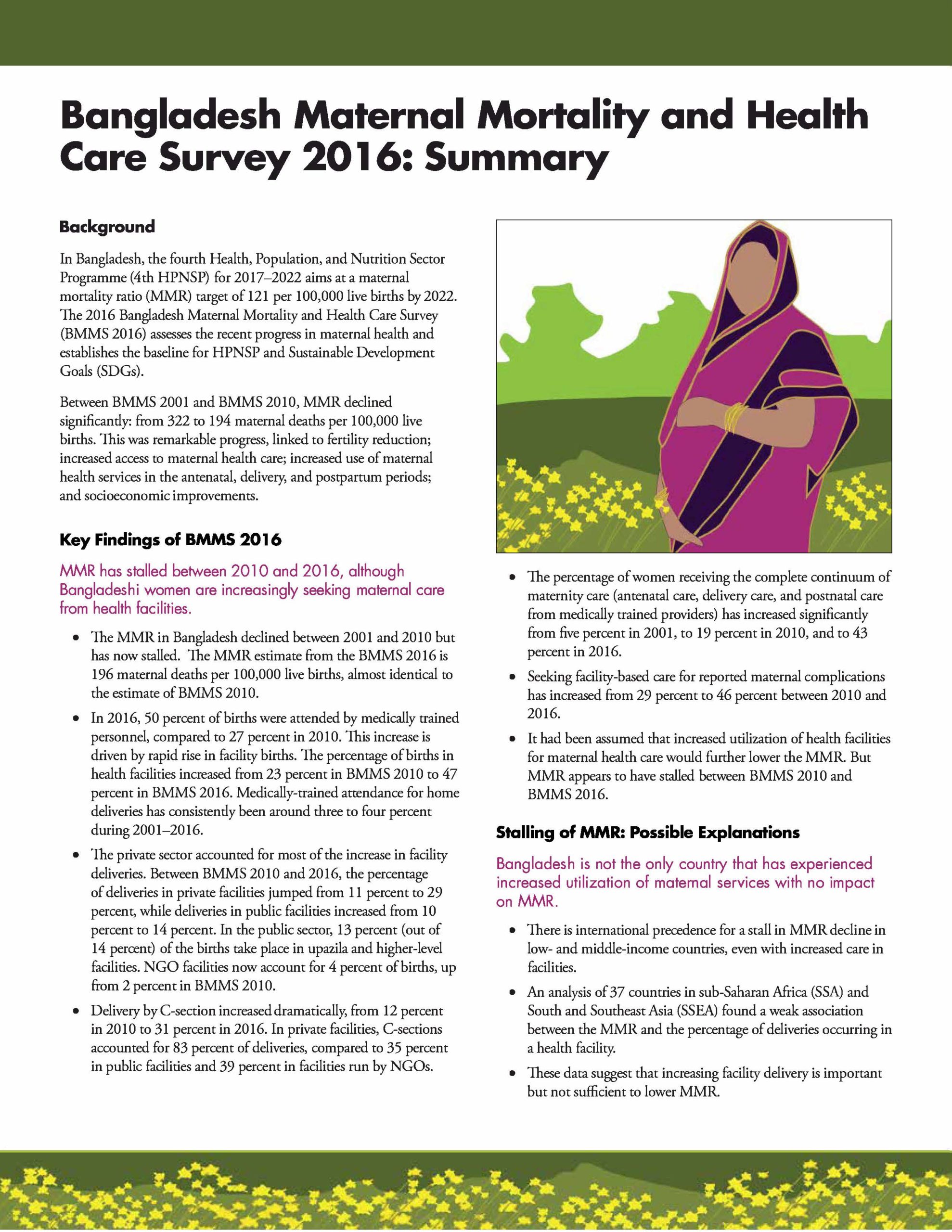 Bangladesh Maternal Mortality and Health Care Survey 2016: Summary