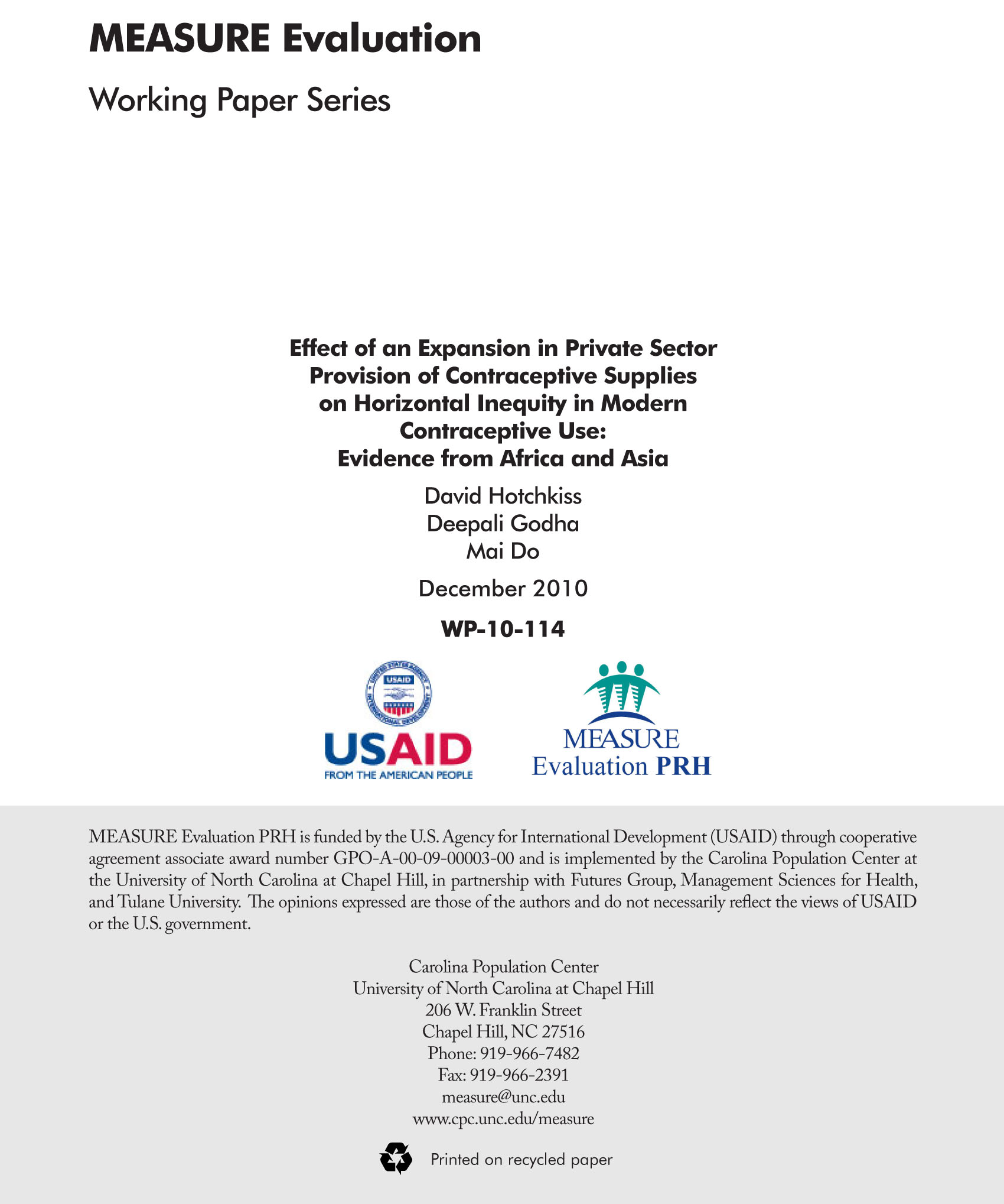 Effect of an Expansion in Private Sector Provision of Contraceptive Supplies on Horizontal Inequity in Modern Contraceptive Use: Evidence from Africa and Asia